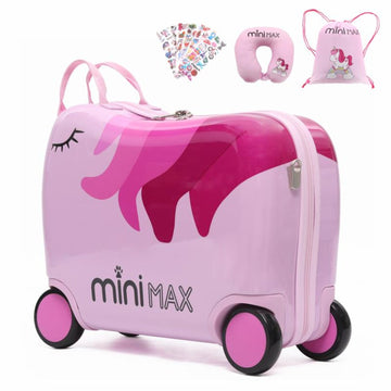 MiniMax Kinder-Ride-On-Koffer 45x36x20cm – Einhorn-Design – 4-teiliges Reiseset mit Kordelzugbeutel, Nackenkissen & 50+ Stickern – EasyJet Max Handgepäckgröße 29L Trolley